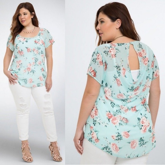 torrid Tops - Torrid Blue Pink Floral Chiffon Drape Back Top 2